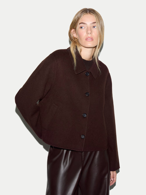 Wool Double Faced Collared Cropped Coat | Brown